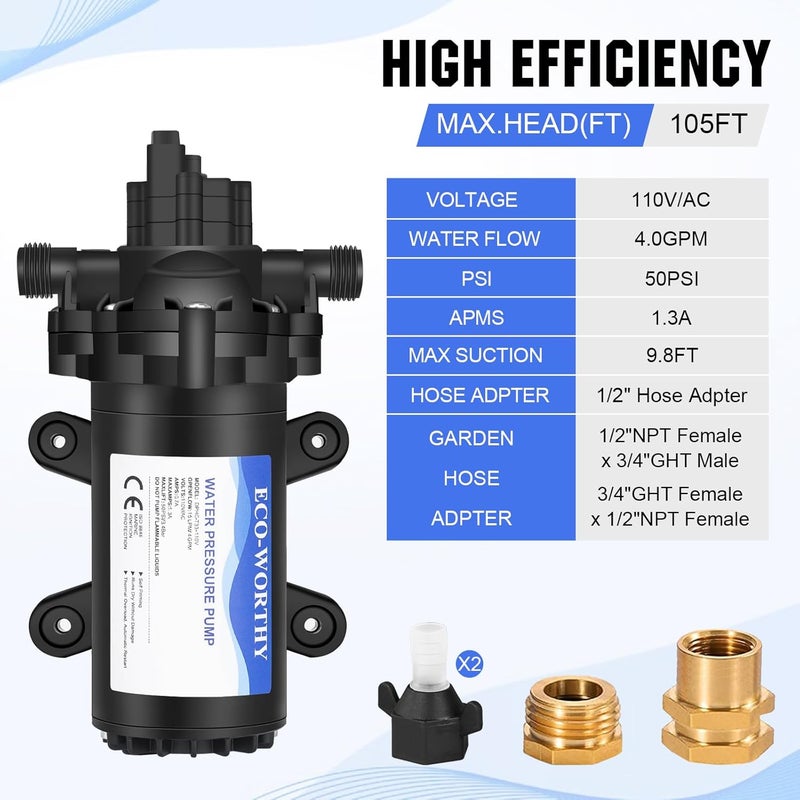 ECO-WORTHY 33-Series Industrial Water Pressure Pump 110V AC 4.0GPM 50PSI RV Fresh Water Diaphragm Pump include Garden Hose Adapters for Irrigation Marine Boat Sprinkler Faucet - Image 2